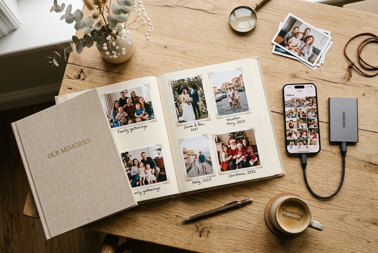 Čuvanje uspomena: otvoren foto album sa porodičnim slikama, pametni telefon i eksterni SSD disk