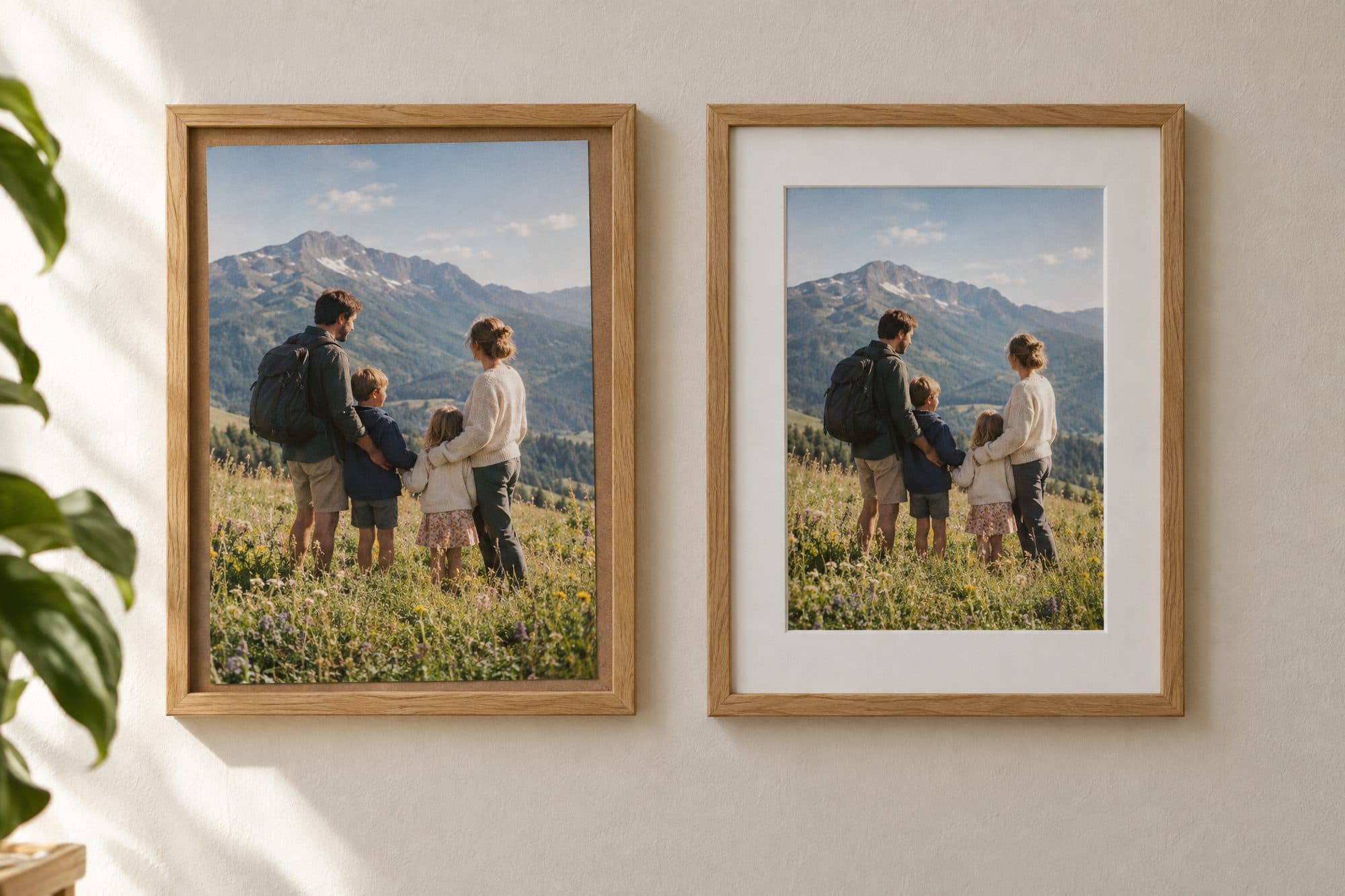 Ista fotografija 20×30 u ramu 30×40, levo bez paspartua, desno sa belim paspartuom