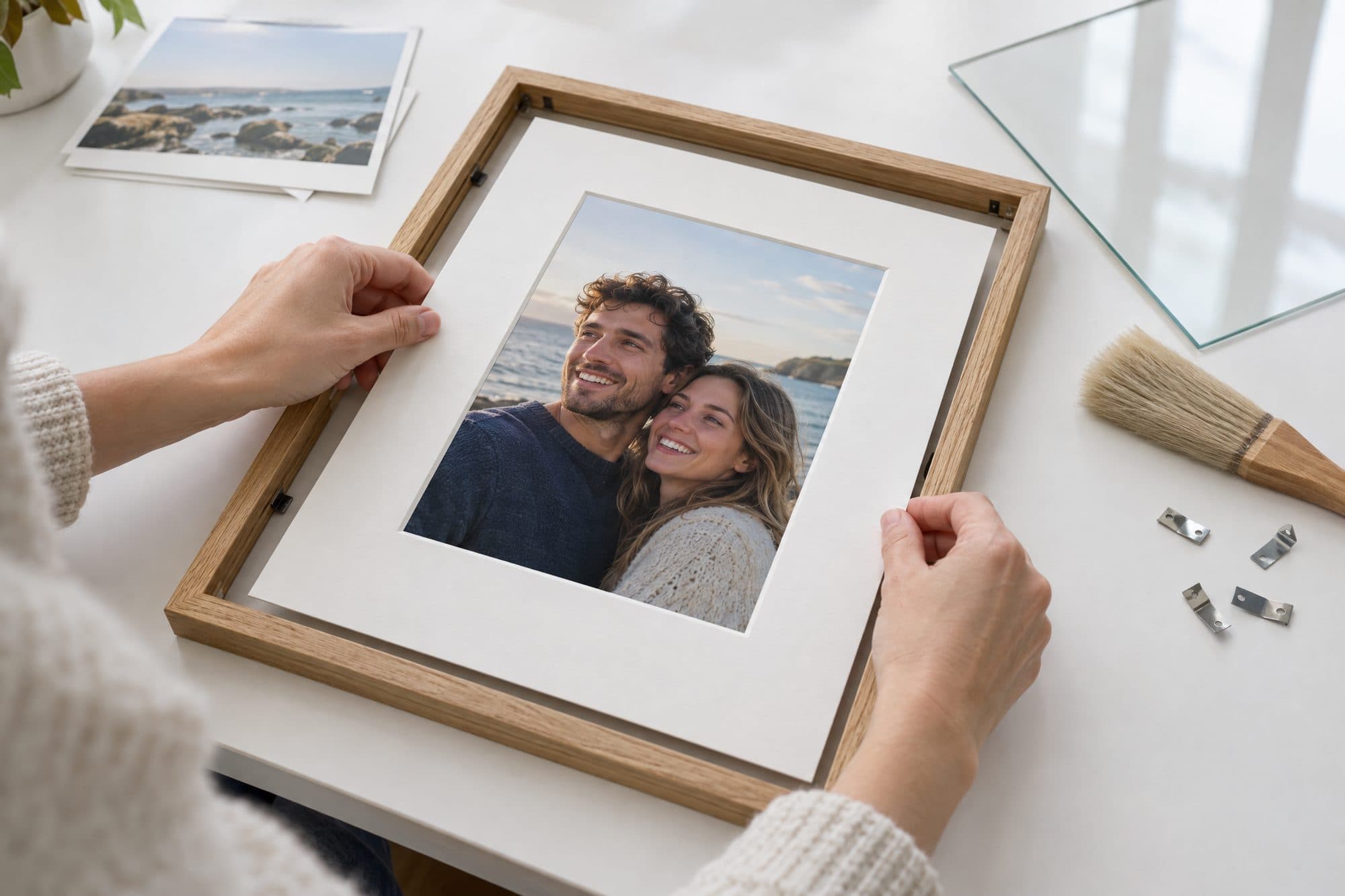 Uramljivanje fotografije 20×30 sa belim paspartuom u hrastov ram 30×40