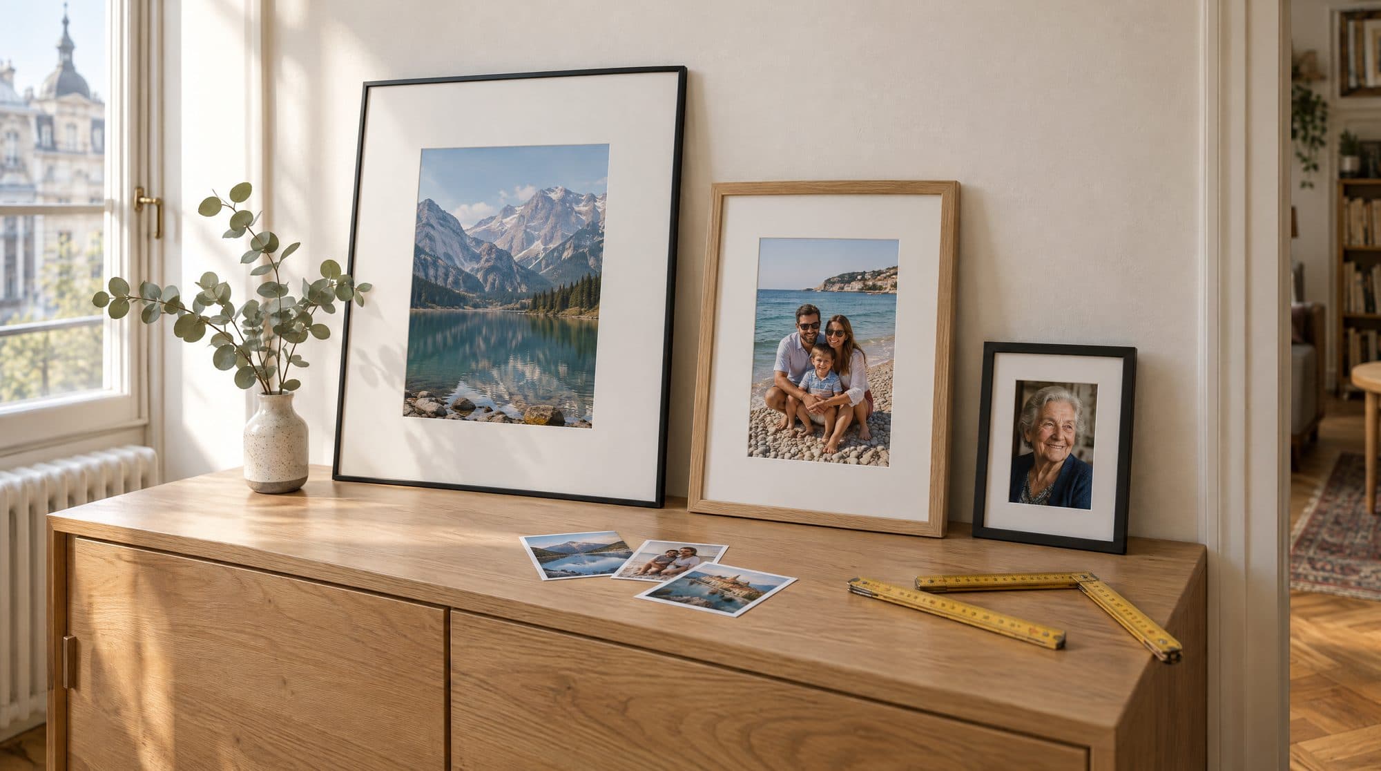 Dimenzije slika za ram: fotografije sa belim paspartuom u ramovima 50×70, 30×40 i 13×18 na komodi