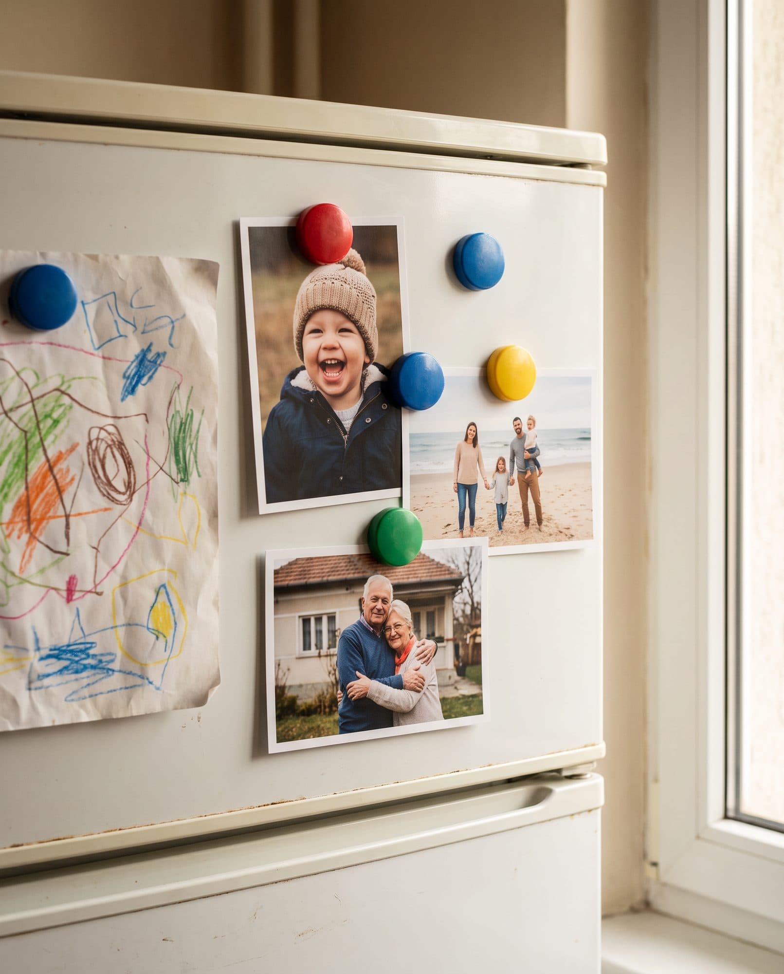 Fotografije 10×15 zakačene magnetima na vratima frižidera