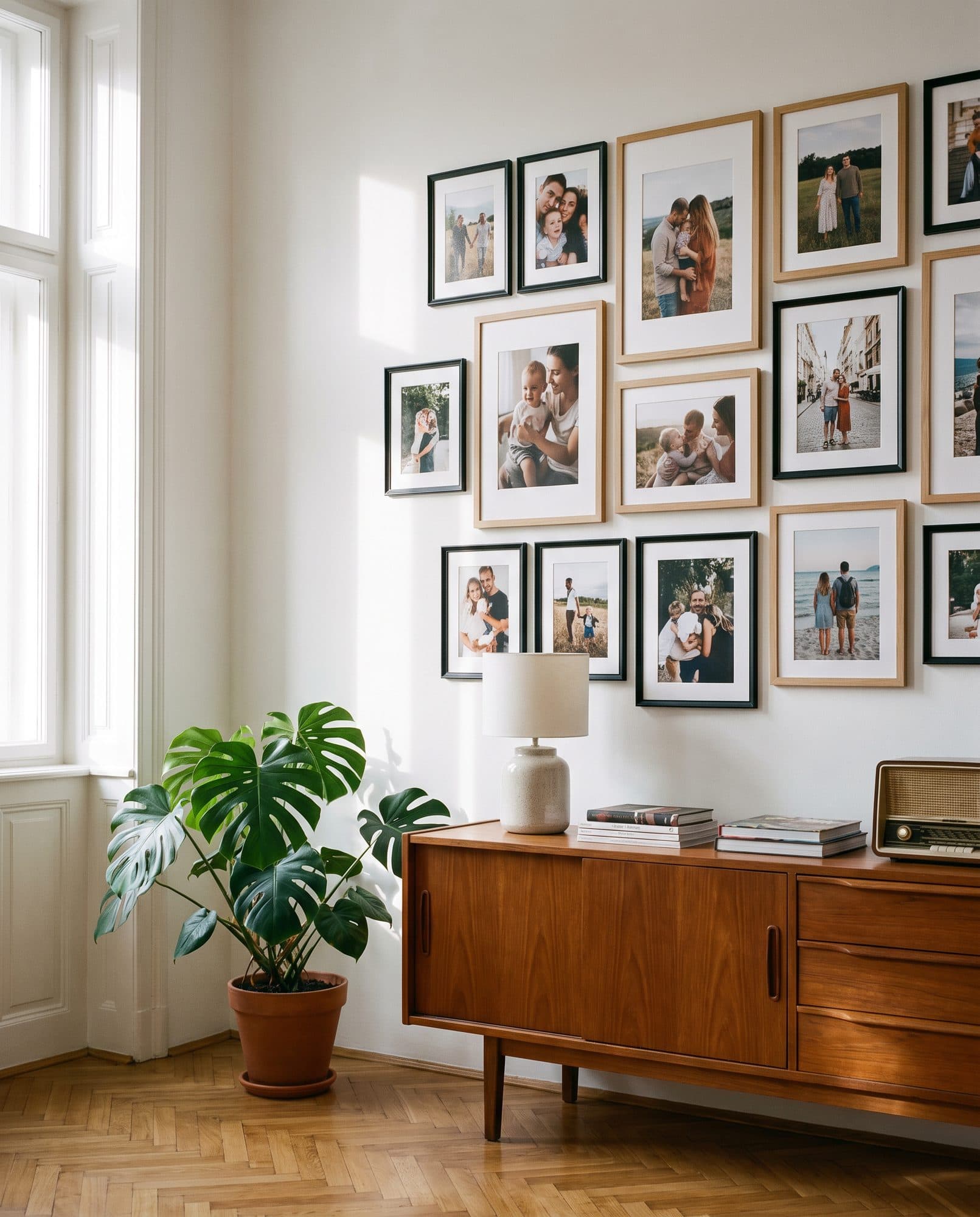 Uramljene fotografije 13×18 i 20×30 na zidu dnevne sobe
